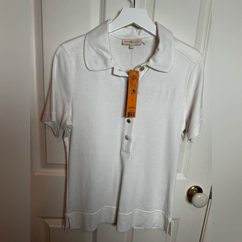 Tory Burch White Short Sleeve Polo with Gold Button